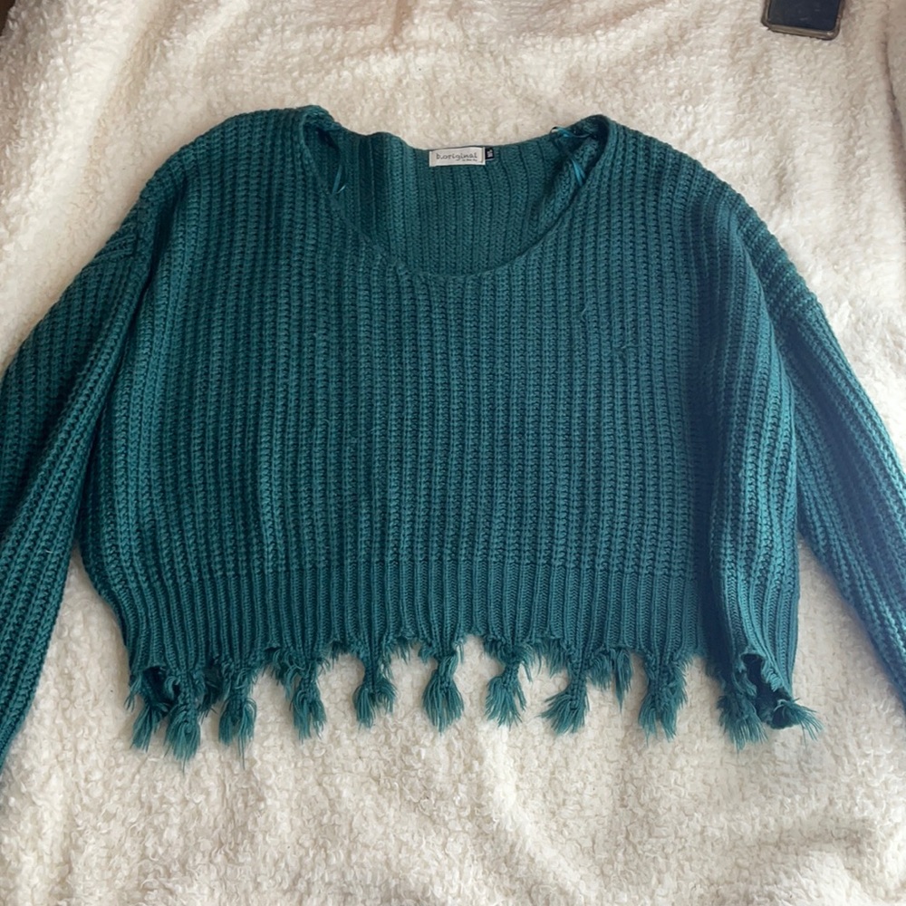 TEAL SWEATER WITH TASSELS (WORN ONCE)